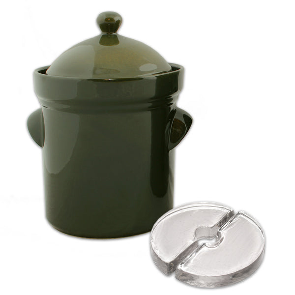 Boleslawiec Fermenting Crock - 5 Liter with Glass Weights, Olive Green